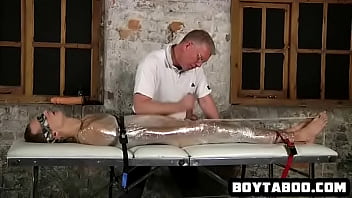 Horny Saran Wrapped Hunk Getting His Hard Cock Tugged free video