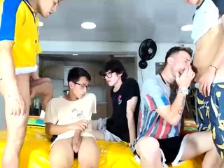 Two Randy Gay Fellas Giving Blowjobs In Group Sex Action free video